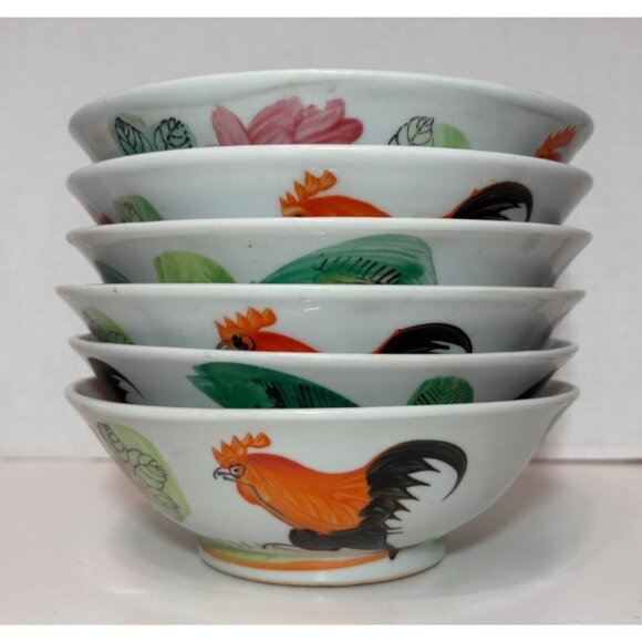 Other - Vintage Chinese Hand Painted Rooster Porcelain Noodle Bowls 6.75”